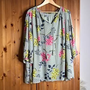 Catherines Green Swiss Dot Flowers Boho Peasant Tunic Womens 3X Cottagecore Plus